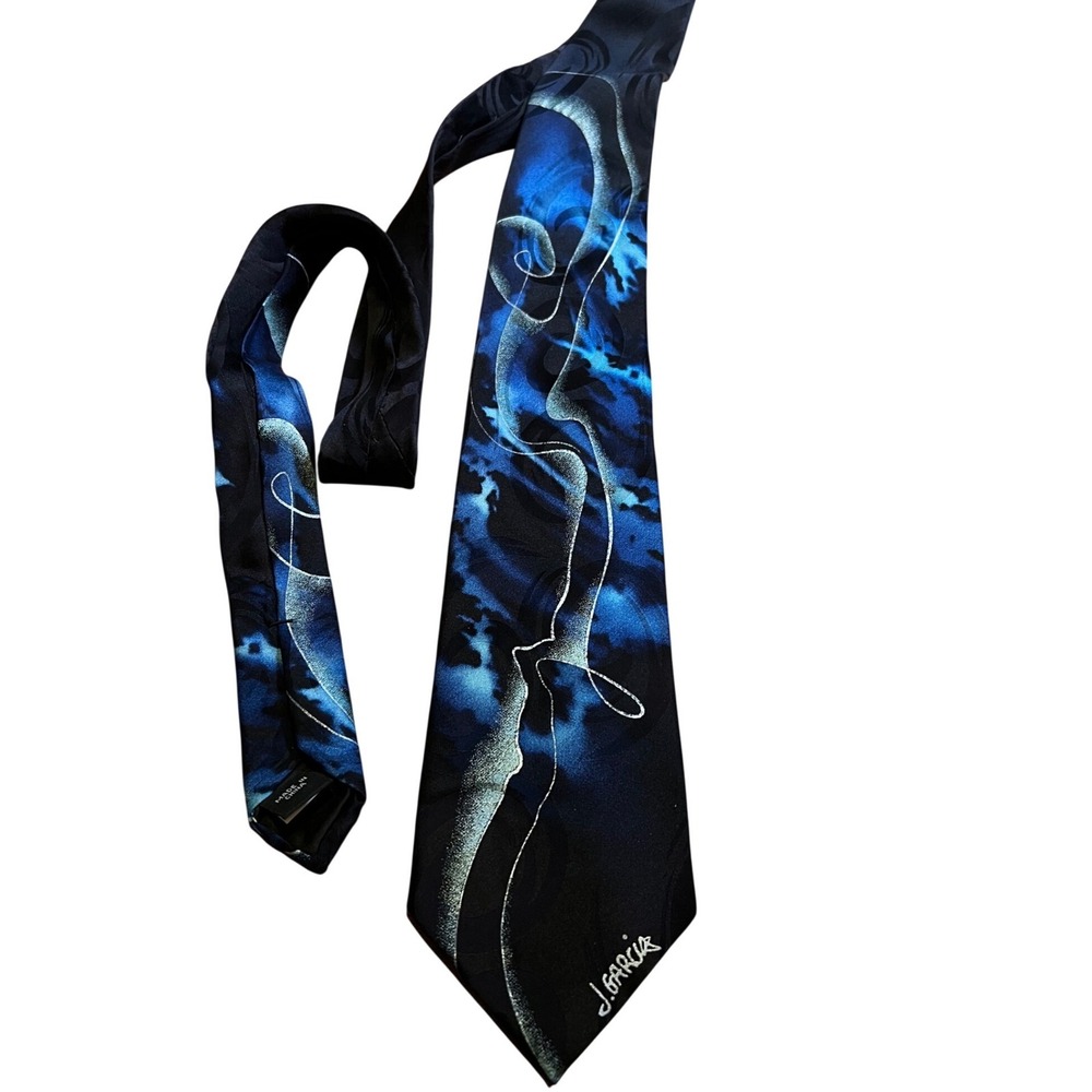 J. Garcia Silk Tie Mens Blue Black Feeding in the Light Excellent Abstract Art